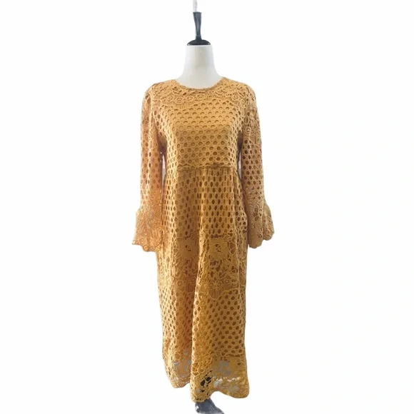 Orange Creek Mustard Lace Midi Dress Size Small - Picture 2 of 16